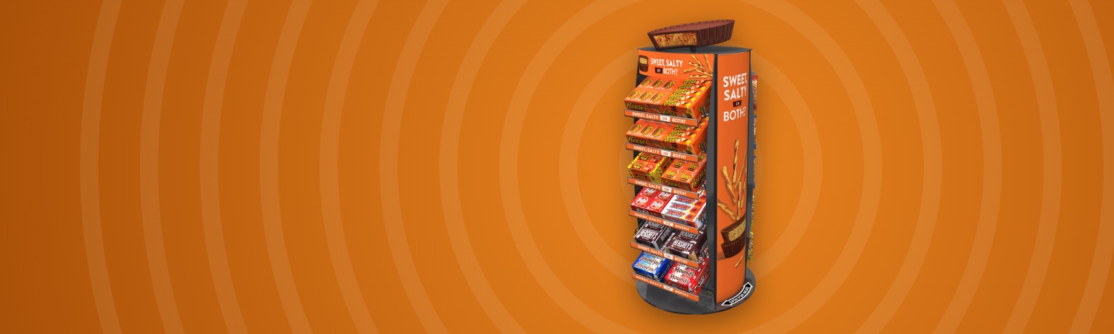 Reese’s Sweet, Salty or Both spinner display with twelve adjustable wire shelves