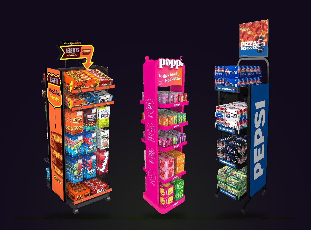 Three custom retail displays shown at relative scale: Hershey's Road Trip, Poppi skinny floorstand and Pepsi flex skinny