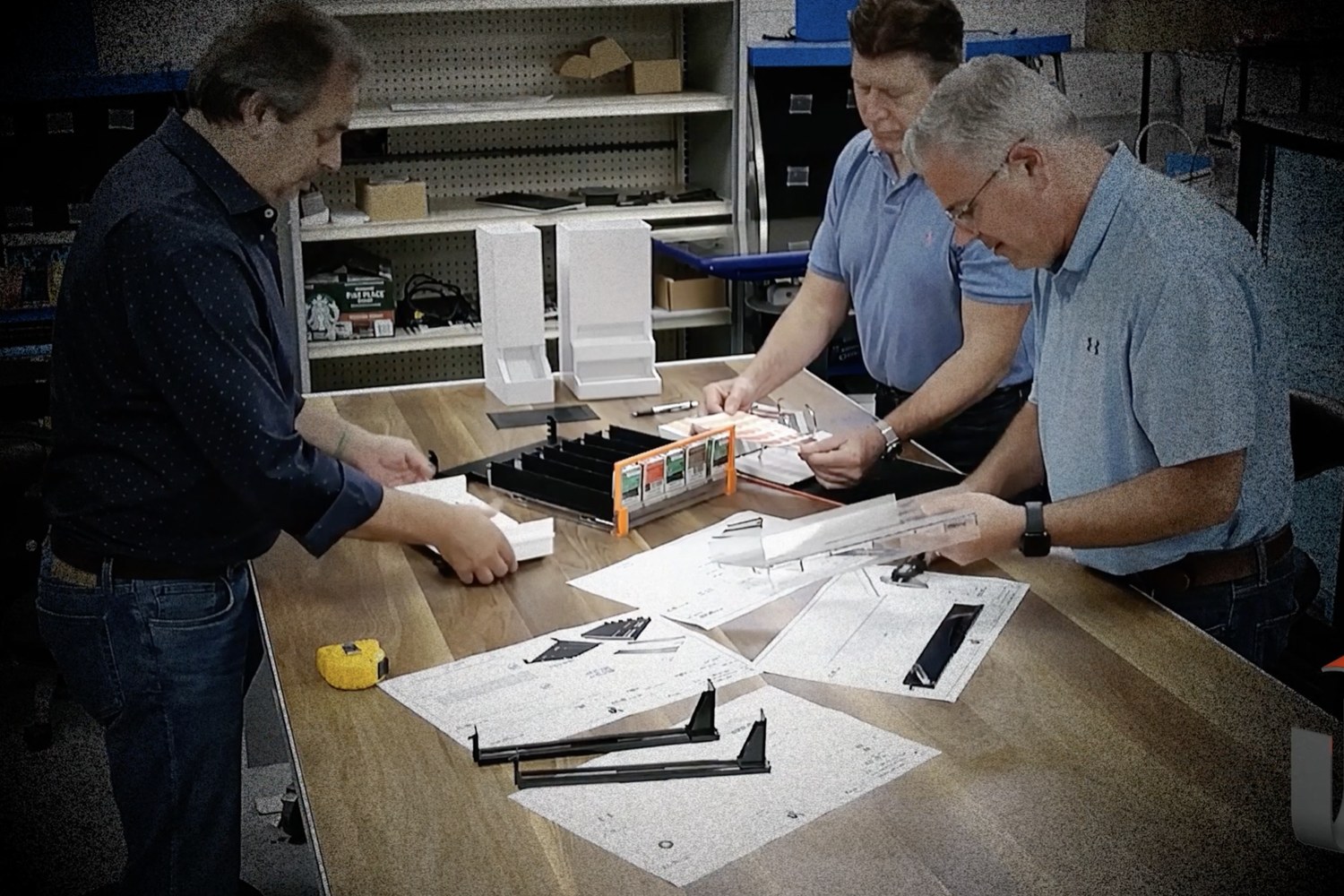 Unified design and engineering team reviewing fixture drawings and prototype parts