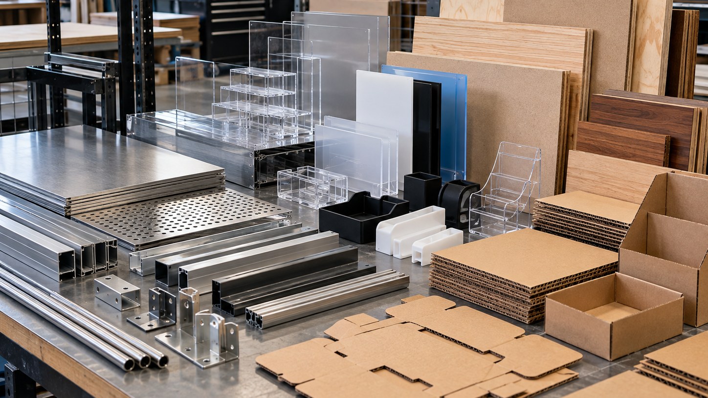 Substrate and component range: metal extrusion, acrylic, styrene, wood, laminate and corrugate
